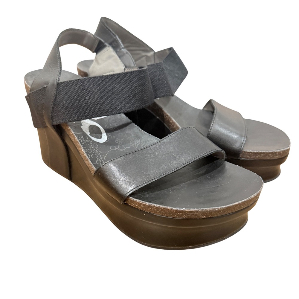 OTBT Bushnell Womens Black Leather Platform Wedge Sandals Size 10M Comfort